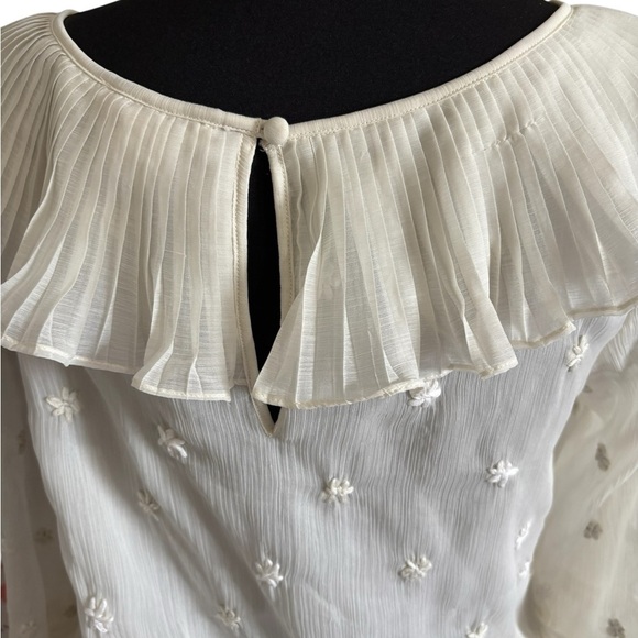 Sundance ivory Sheer Boho Blouse Floral Embroidered Pleated Ruffle Neck Size M - Picture 7 of 11